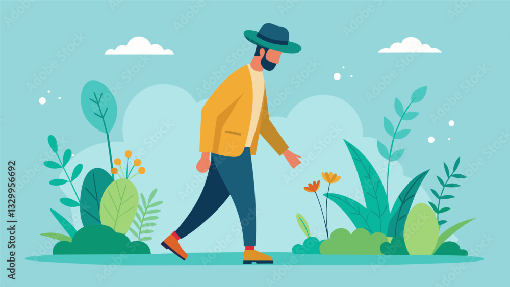 A gentleman strolling through his herb garden inhaling the scents of various plants sharing how each one has unique properties for improving physical and mental wellbeing.. Vector illustration A gentleman strolling through his herb garden inhaling the scents of various plants sharing how each one has unique properties for improving physical and mental wellbeing.. Vector illustration