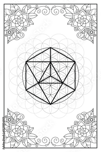 Floral frame with sacred geometry sacred geometry symbol. Bohemian spiritual design template. Black and white zentangle inspired image to color.