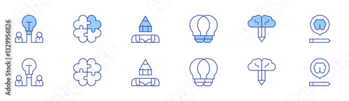 Creativity icon set in two styles, Duotone and Thin Line style. Editable stroke. blended learning, brainstorm, idea, knowledge, puzzle, creative thinking