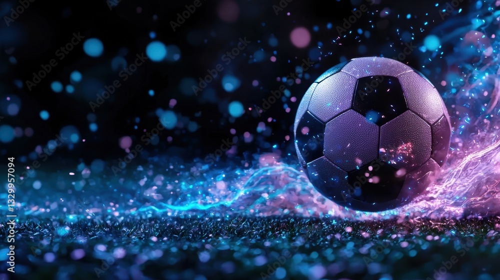 Naklejka premium Classic football soccer ball illuminated themes vibrant blue and pink neon lights on a gradient background, perfect for sports and recreation copy by space for text