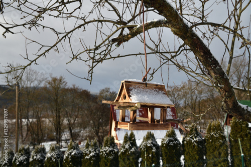 Obraz na płótnie Handmade wooden birdhouse hanging on a tree branch in winter w salonie