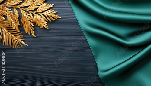 A beautiful arrangement of golden leaves and soft green fabric on a dark wooden surface, evoking elegance and nature.