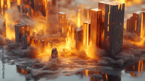 Fading light in a dreamlike cityscape with melting buildings , architecture, dreamscape, city. surreal melting architecture. illustration. Molten Light. Illustration
