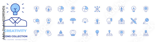 Creativity icons collection. Line Duotone style, editable stroke. blended learning, brainstorm, idea, lightbulb, puzzle, viral, knowledge, option, team, light bulb
