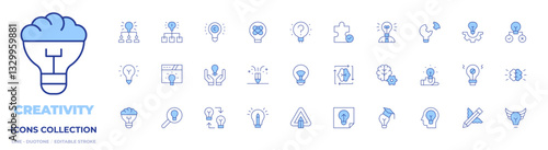 Creativity icons collection. Line Duotone style, editable stroke. problem solving, hypothesis, idea, brainstorming, exchange ideas, understand, search, no idea