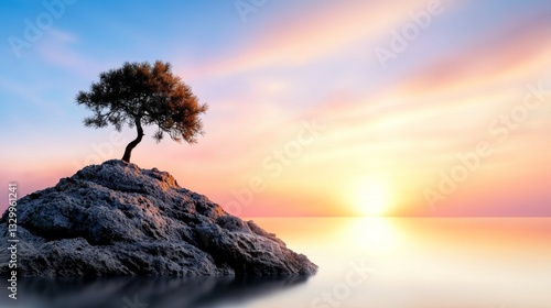  a lone tree perched atop a rock in the middle of a body of water, with the sun setting in the background and clouds in the sky