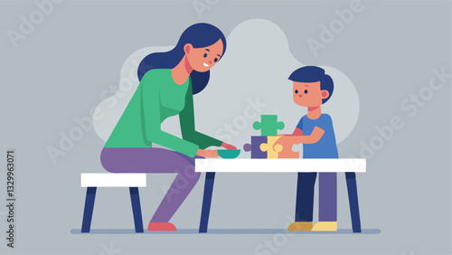 Joyful Mother's Day: A heartwarming flat color illustration of a loving mother and her child happily collaborating on a colorful puzzle, symbolizing their strong bond and shared   