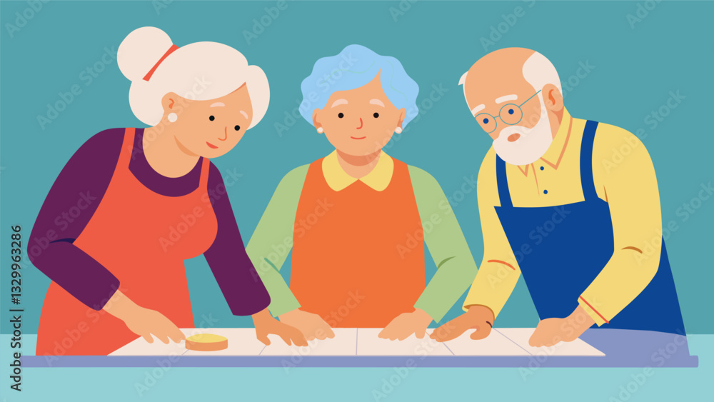 A pair of senior couples working together side by side on a collaborative ceramic masterpiece.. Vector illustration A pair of senior couples working together side by side on a collaborative ceramic masterpiece.. Vector illustration