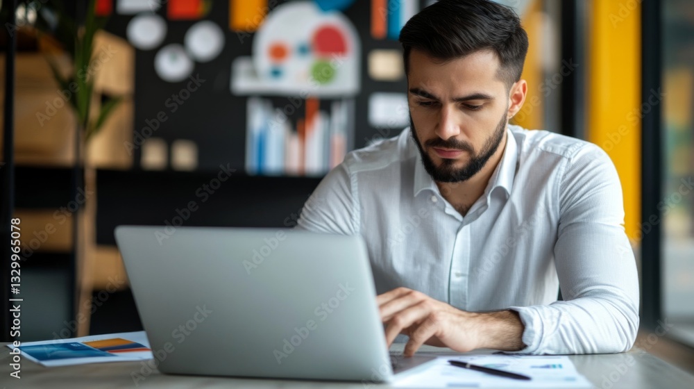 Focused Man Working on Laptop in Modern Office Focused Man Working on Laptop in Modern Office