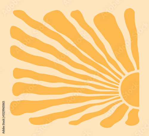 Sun half groovy background, summer ray icon, retro radial burst, yellow graphic wave bg. Abstract sunshine poster. Cartoon light beam print. Vintage pattern. Vector illustration