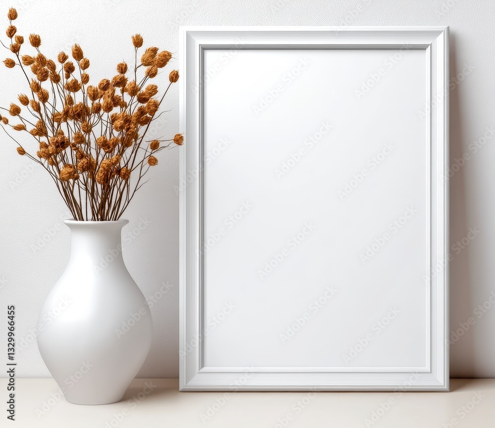 White Frame Mockup with Dried Flowers and Minimalist Background White Frame Mockup with Dried Flowers and Minimalist Background