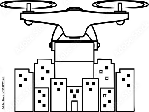 A drone delivers a package over a cityscape, showcasing modern technology's integration into urban environments.