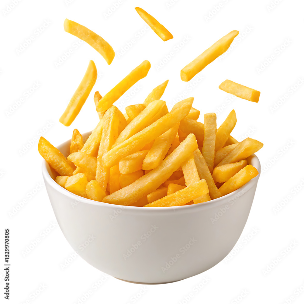Bowl of crispy french fries with some flying around Bowl of crispy french fries with some flying around