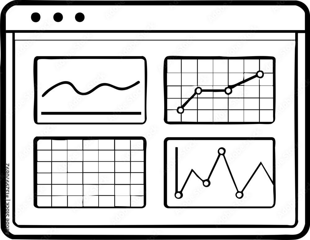 A black and white illustration of a computer screen displaying various graphs and charts, representing data analysis and visualization. A black and white illustration of a computer screen displaying various graphs and charts, representing data analysis and visualization.
