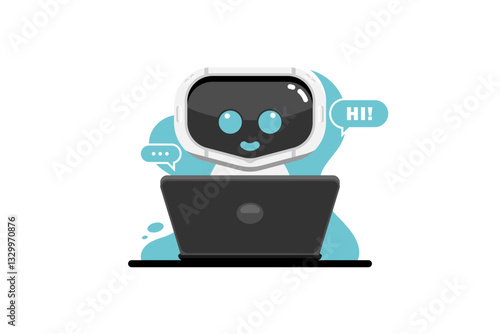 Smiling robot chat cartoon with laptop on isolated background, Vector illustration.