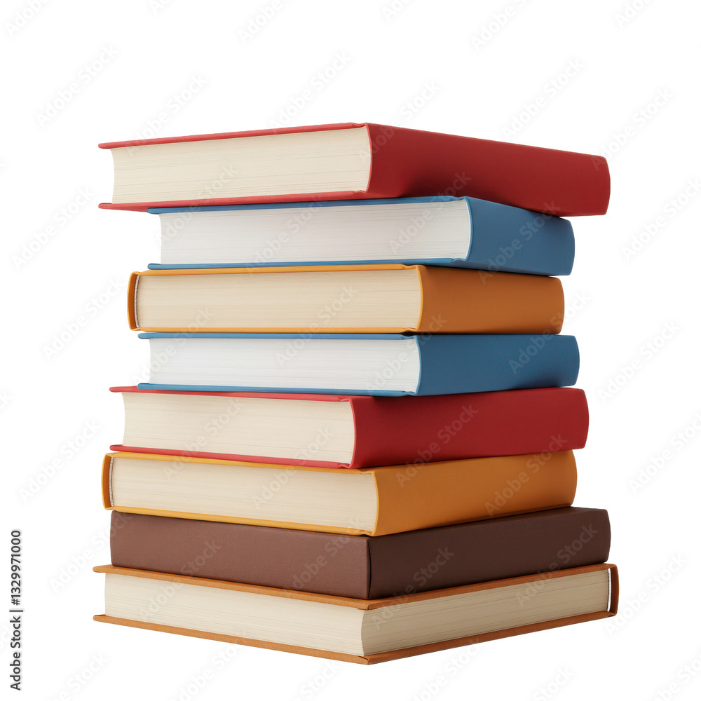 Colorful stack of hardcover books with vibrant spines, captured in photorealistic detail with clean white background and studio lighting Colorful stack of hardcover books with vibrant spines, captured in photorealistic detail with clean white background and studio lighting