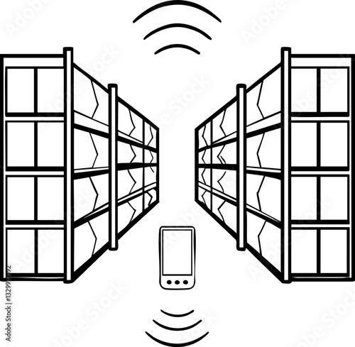 A minimalist illustration depicting two rows of shelves with a mobile device between them, symbolizing wireless connectivity.