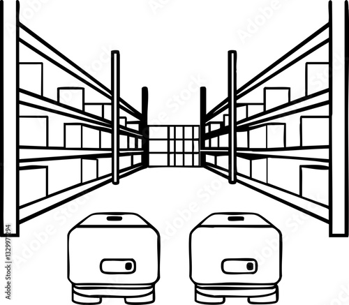A simple illustration depicting storage shelves filled with boxes, creating an organized warehouse environment.