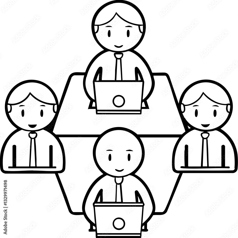 A simple illustration of four individuals working on laptops around a central table, representing teamwork and collaboration in a professional setting. A simple illustration of four individuals working on laptops around a central table, representing teamwork and collaboration in a professional setting.