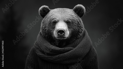  a black and white photo of a bear wearing a scarf, set against a dark background