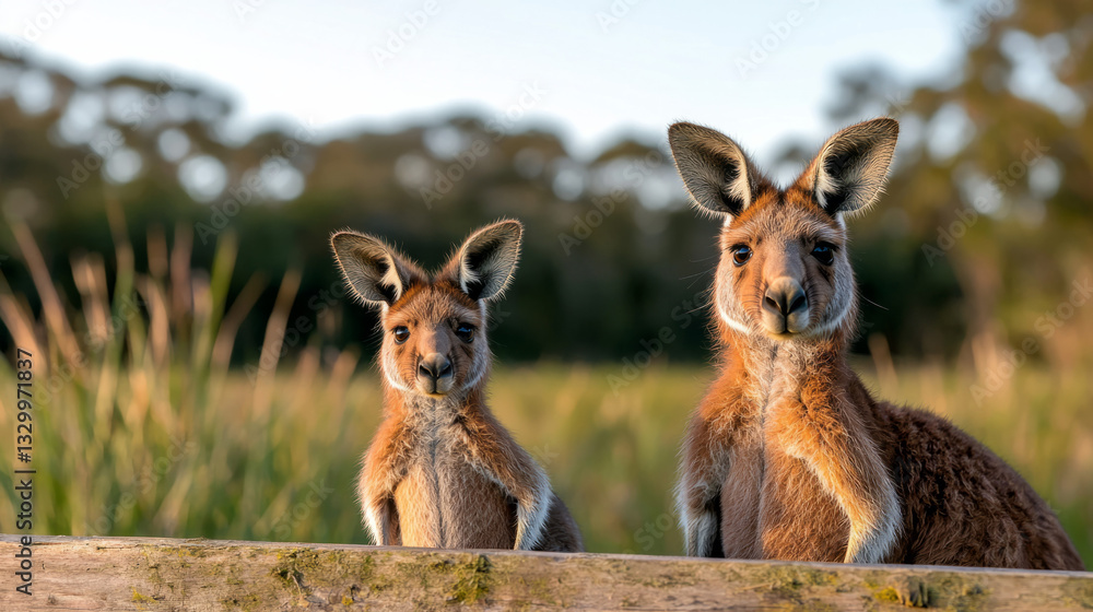 Fototapeta premium Kangaroos basking in the evening sun at a peaceful Australian field