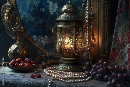 Ramadan lamp, rosary and dates. Holidays decoration
