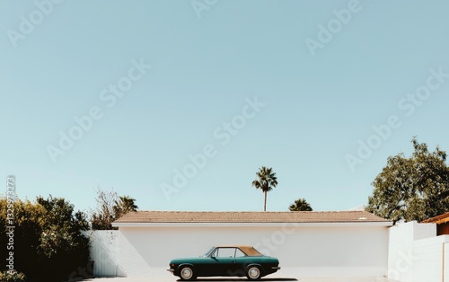Teal Vintage Car Parked in Front of White Wall and Palm Tree