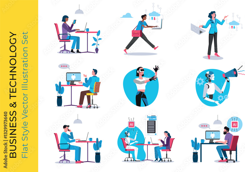 Business and Technology Flat Style Vector Illustration Set. Businesspeople working, using cloud computing, virtual reality, artificial intelligence and robots. Business and Technology Flat Style Vector Illustration Set. Businesspeople working, using cloud computing, virtual reality, artificial intelligence and robots.