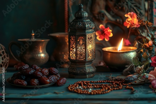 Ramadan lamp, rosary and dates. Holidays decoration