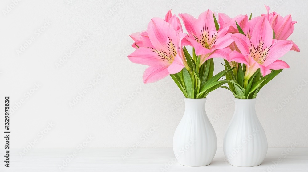 two white vases filled with pink alstroemeria flowers on top of a table The flowers have lush green leaves and the background is a bright white two white vases filled with pink alstroemeria flowers on top of a table The flowers have lush green leaves and the background is a bright white