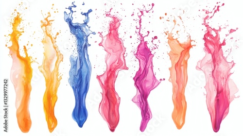 A group of watercolor splash ring effects set collection, dynamic element, concentric circles, soft blending, vibrant colors, isolated on white background.