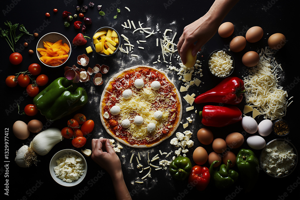 Aerial Shot of Hands Making Pizza – Fresh Tomatoes, Green Peppers, Eggs & Mozzarella on Black Table Aerial Shot of Hands Making Pizza – Fresh Tomatoes, Green Peppers, Eggs & Mozzarella on Black Table