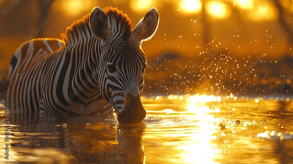 Fototapeta premium Pair of Zebras Drinking from Rare Shallow Waterhole in Dry Savanna with Golden Light