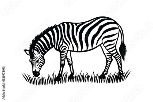 A black and white vector art illustration of a zebra grazing in the grasslands.eps