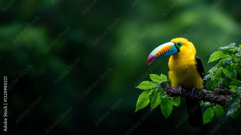 Fototapeta premium Brightly colored toucan perched on a branch in a lush green rainforest