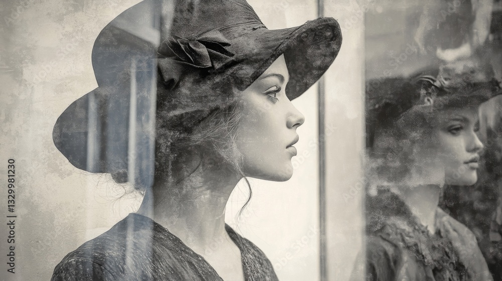 custom made wallpaper toronto digitalVintage Woman in Hat Profile Portrait, Monochrome Overlay, Grungy Texture