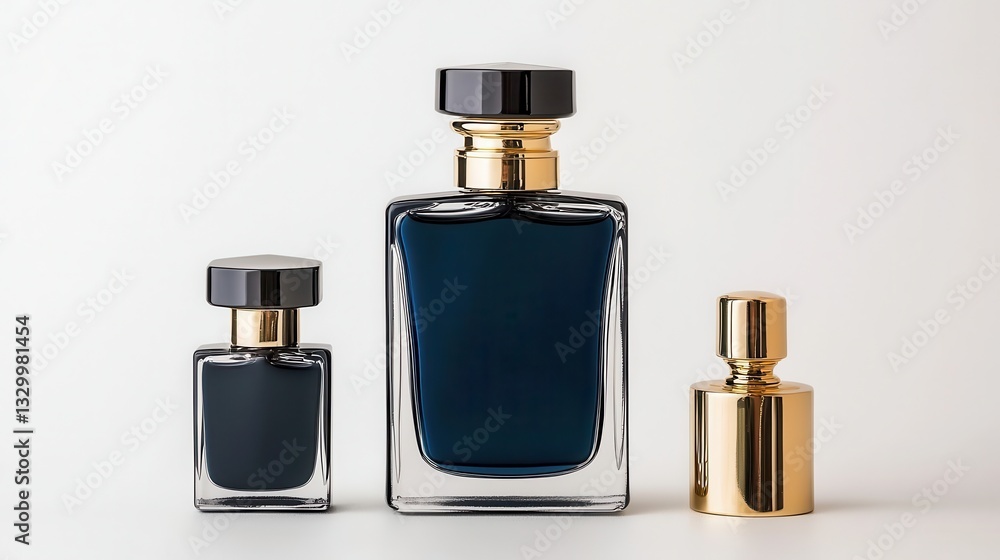Elegant Display of Three Unique Perfume Bottles in Dark Colors on a Minimalist Background Elegant Display of Three Unique Perfume Bottles in Dark Colors on a Minimalist Background