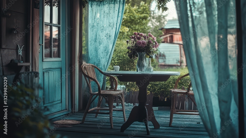 Obraz premium A cozy porch with table flowers and rustic furniture present