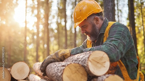 Logger Stacking Freshly Cut Lumber in Forest During Early Morning Light with Focus on Skilled Craftsmanship