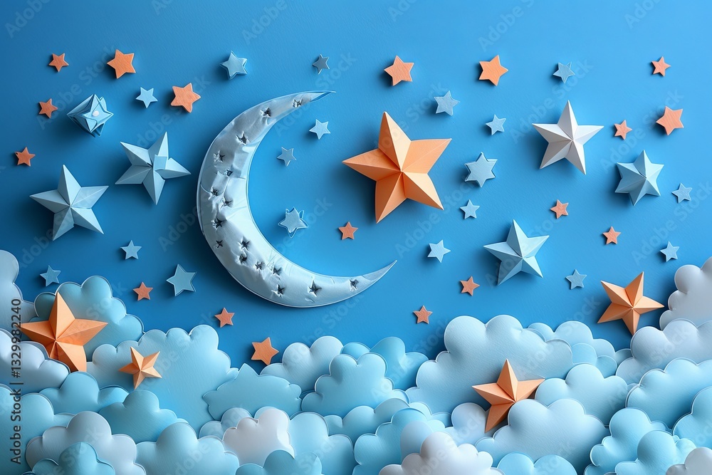 Crafted Moon And Stars In Blue Sky