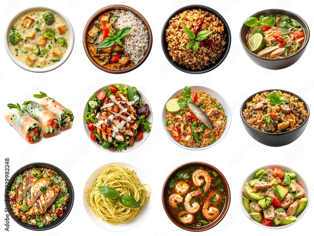 A Colorful Collection of Delicious Dishes Featuring Rice, Noodles, Fresh Vegetables, Seafood, and Vibrant Salads Perfectly Arranged on White Background. Piquant food set. A Colorful Collection of Delicious Dishes Featuring Rice, Noodles, Fresh Vegetables, Seafood, and Vibrant Salads Perfectly Arranged on White Background. Piquant food set.