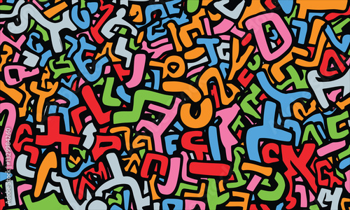 pattern of many colorful letters, the background is black with white outlines