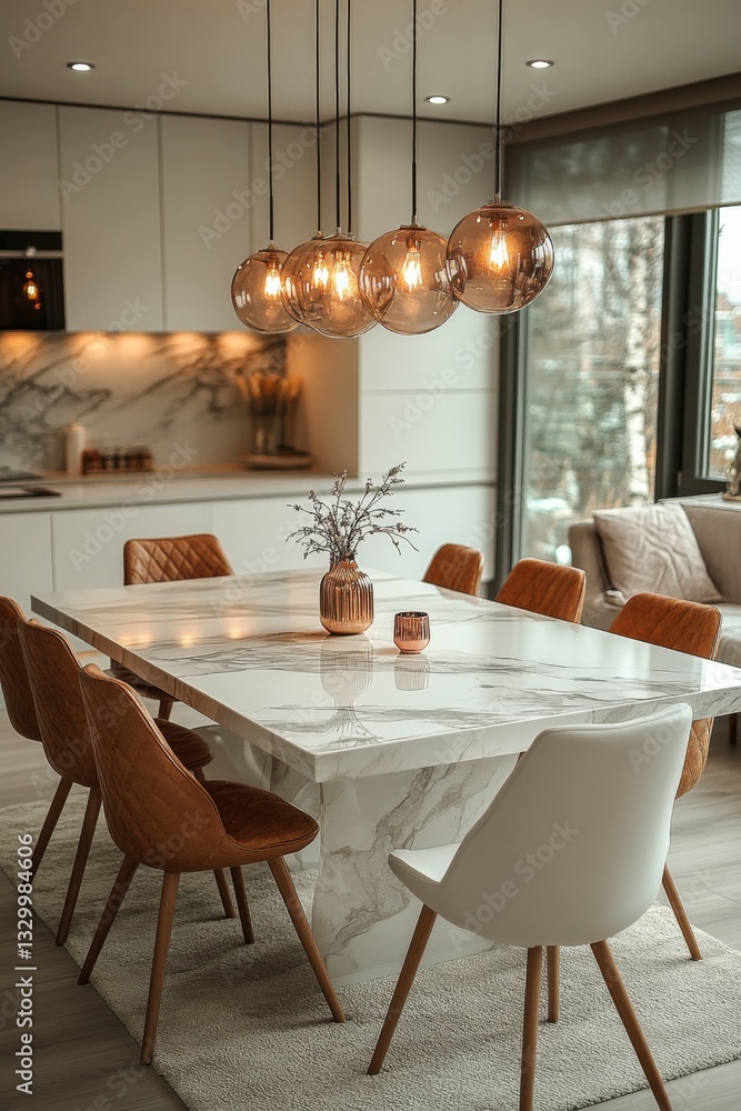Scandinavian Marble Table With Pendant Lights