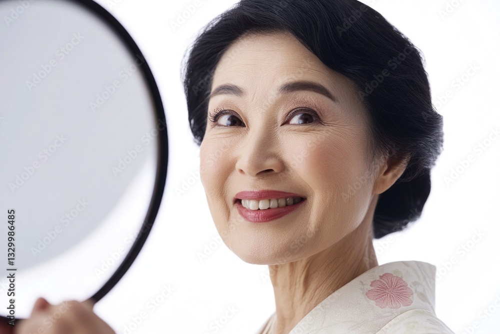 A Japanese woman in her fifties smiles warmly, isolated on a white background.