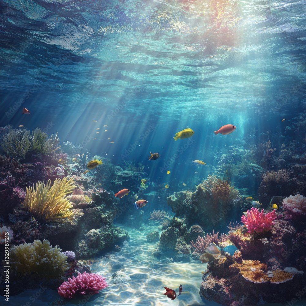 Obraz premium Vibrant coral reef teeming with colorful fish in a tropical ocean environment during sunlit hours