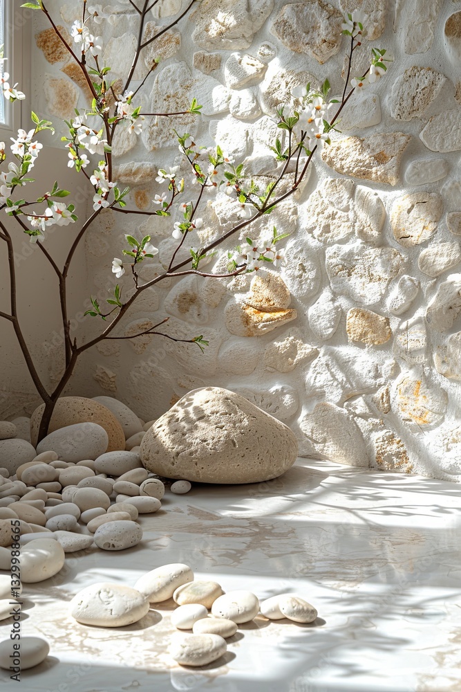 Blooming Branch Against Stone Wall