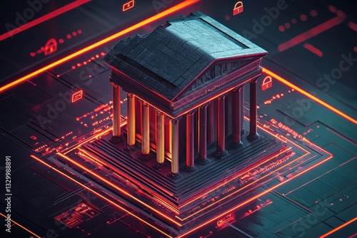 Fototapeta Naklejka Na Ścianę i Meble -  Conceptual Floating Locks in Cybersecurity with Digital Architecture and 3D Effects