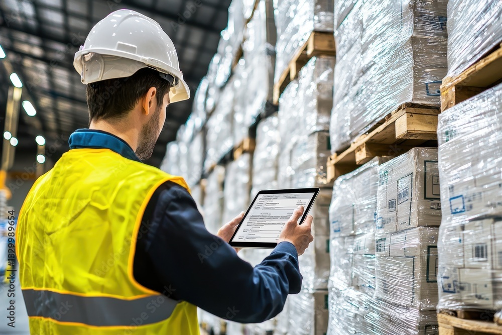 Obraz premium Professional in Safety Vest and Hard Hat Using Tablet to Check Logistics Inventory