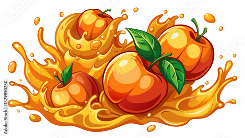 peaches in juice splash isolated on a white background