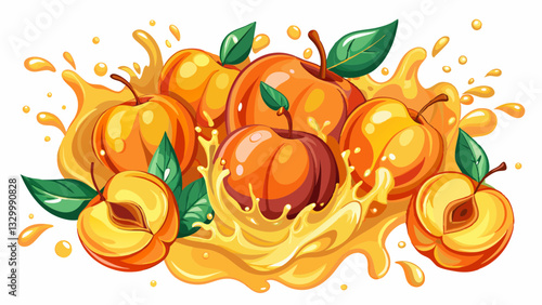 peaches in juice splash isolated on a white background